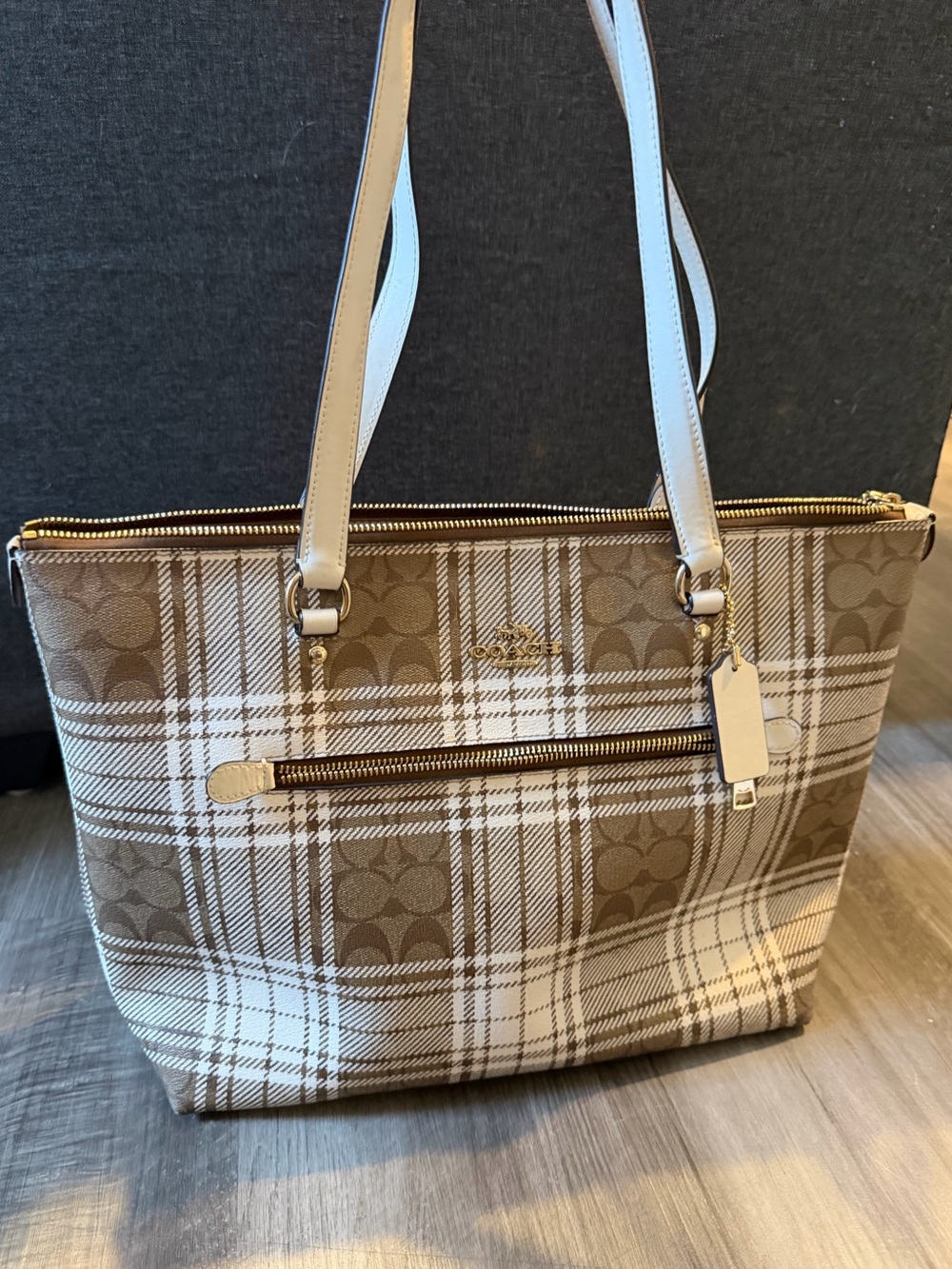 Coach Gallery Tote in Signature Canvas With Hunting Fishing Plaid Print